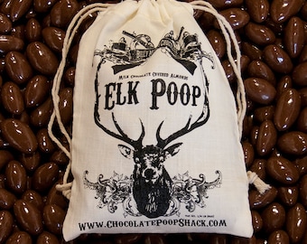 Chocolate ELK POOP packed in a Vintage Hand Printed Cotton Bag - Perfect for Gifts!