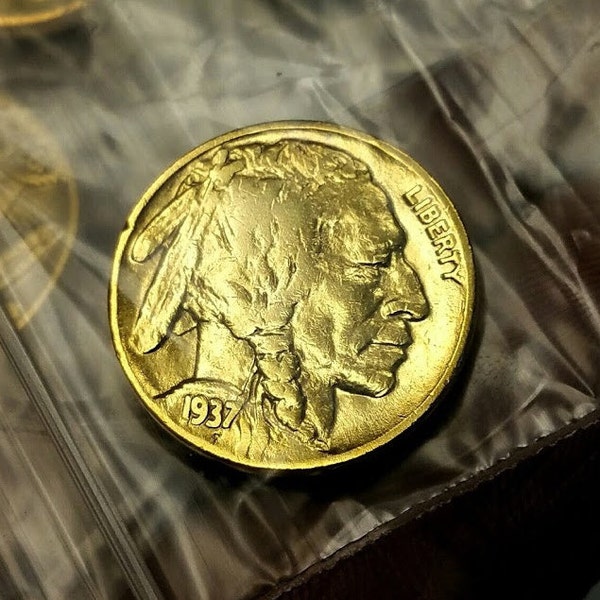 Buffalo Nickel - Pure 24K Gold Plated (aka Indian Head Nickel) - Authentic Vintage Nickel