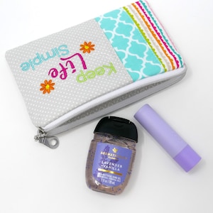 Quilted Pouch Embroidered Patchwork Cotton Fabric Zipper Scrappy Zipper Pouch Gift for Her Keep Life Simple Positive Affirmation