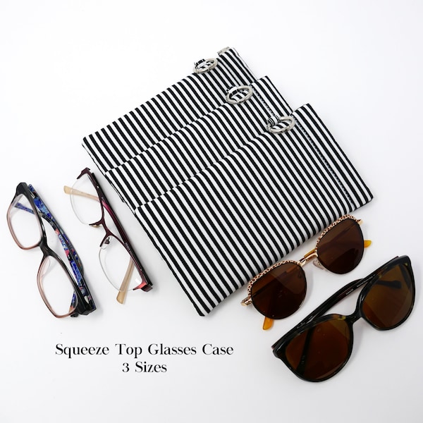 Striped Sunglasses Case, Eyeglasses Holder, Padded Readers Sleeve, Flex Frame Snap Pouch, Three Sizes, Black and White Stripe, Gift for Her