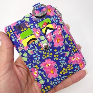 Mini billetera con diseño floral, monedero pequeño, billetera minimalista con cremallera, llavero con credencial de identificación, idea de regalo, flores rosas