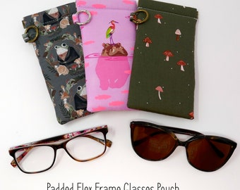 Étui à lunettes en coton pour femme, Étui à lunettes de soleil souple et rembourré, Pochette à clip avec cadre flexible, Impressions amusantes, Grenouilles, Hippopotames, Champignons, Clip sur, Cadeau