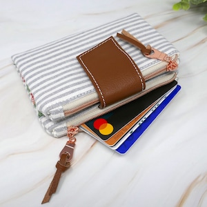 Doble cremallera Mini Here We Go Monedero minimalista Monedero Rifle Papel Co Llavero Pequeño Lino a rayas Billetera Cremallera Bolsa Regalo Cuero RFID