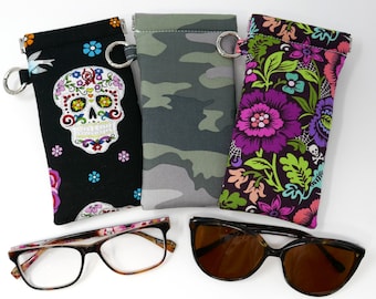 Fabric Sunglasses Case, Padded Soft Flex Frame Eyeglasses Pouch, Fun Prints, Sugar Skulls, Camouflage, Spider Blossoms, Gift for Her