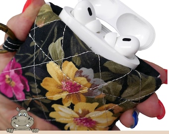Quilted Floral AirPods Pro Fabric Case Small Flex Frame EarBud Pouch Snap Pouch Clip On Gift HORIZONTAL Perfect Gift