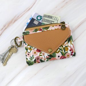 Mini portefeuille en similicuir porte-clés porte-monnaie de poche porte-billets Itty Bitty minimaliste tissu de coton pochette à fermeture éclair cartes de paiement floral