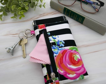 Étui à lunettes, étui pour lecteur de lunettes, lunettes de soleil, pochette à pression, cadeau pour elle, cartes et espèces, floral rayé noir et blanc, pochette à fermeture éclair