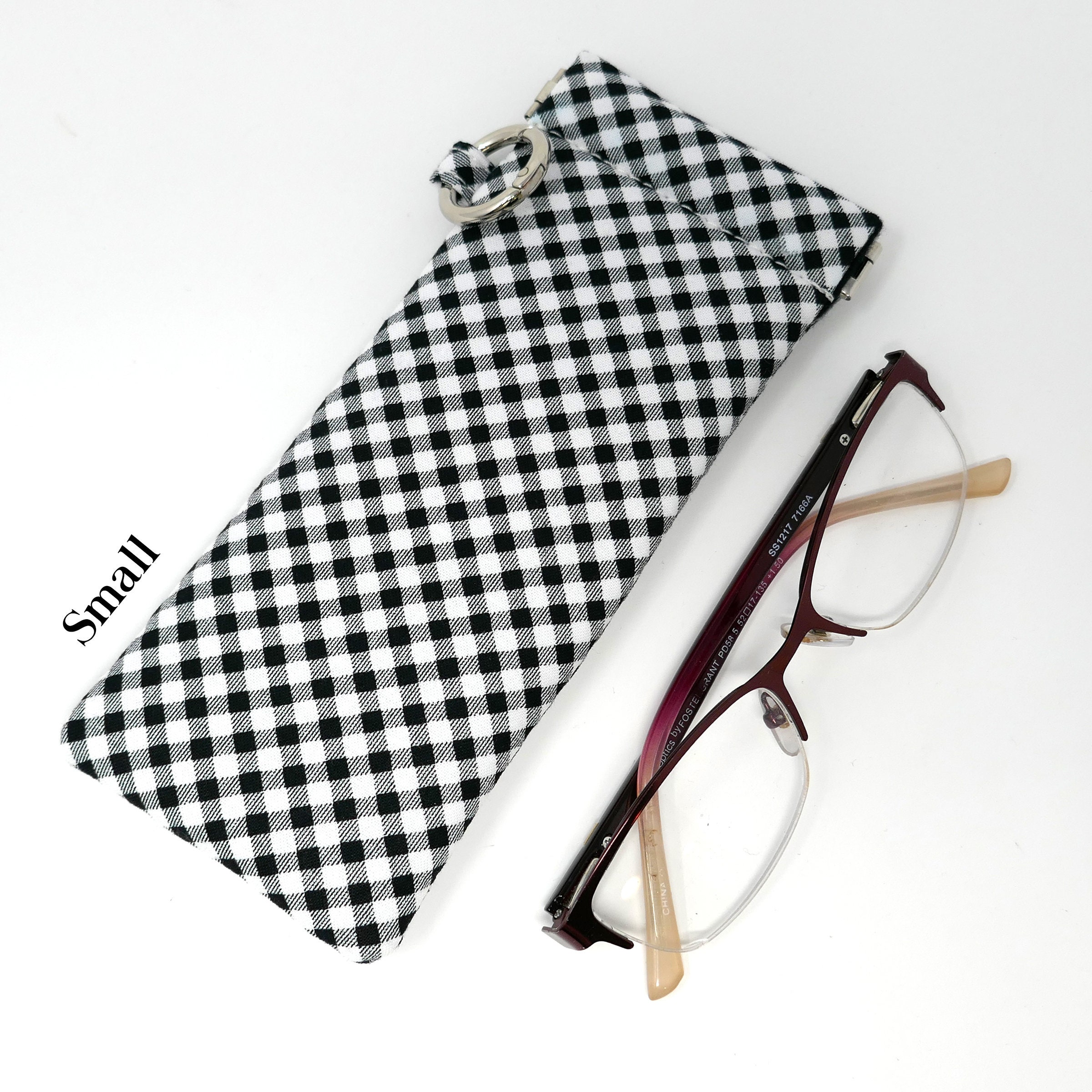 Gingham Reading Glasses Case Cotton Handmade  Glasses Holder Padded Readers Sleeve Snap Pouch   Black & White Buffalo Plaid