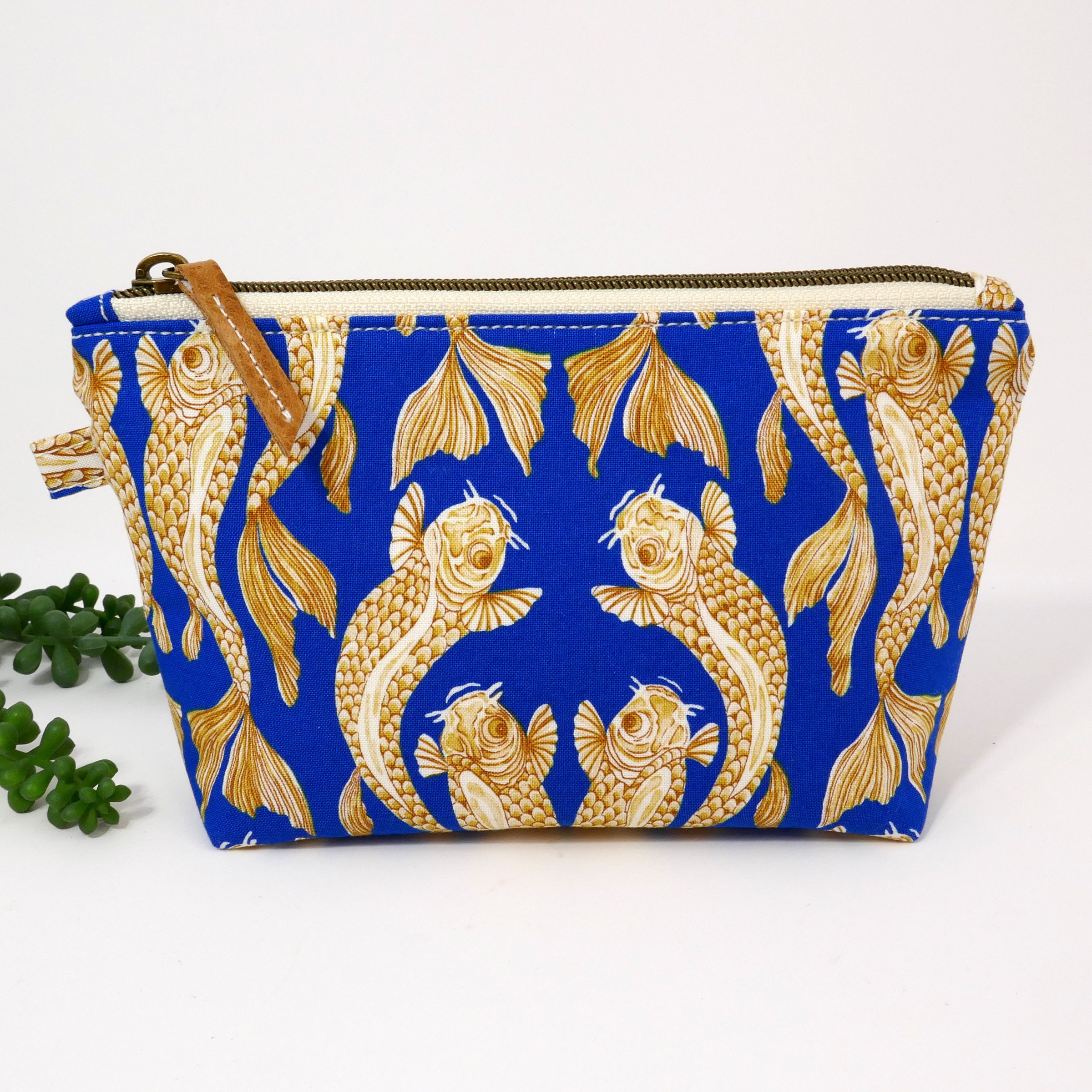 Koi Fish Makeup Bag Fabric Cosmetics Case Gift for Her Cotton Zippered Wipe Clean Accessory Pouch Toiletries Travel