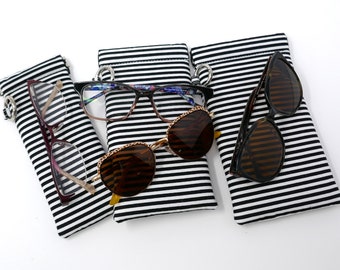 Striped Sunglasses Case, Eyeglasses Holder, Padded Readers Sleeve, Flex Frame Snap Pouch, Three Sizes, Black and White Stripe, Gift for Her