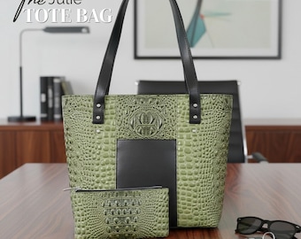 The Julie Tote Shoulder Bag Faux Leather & Croc Handbag Purse Laptop Bag Bonus Pouch HANDMADE