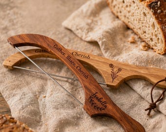 Personalized Sourdough Bread Knife, Engraved Wooden Bow Knife, Serrated Bread Slicer, Handmade Bread Knife Gift