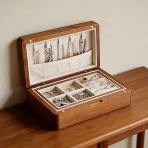 May include: Open wooden jewelry box with a light-colored interior and multiple compartments. The box is filled with various necklaces, bracelets, and rings. The exterior is a warm brown color, and the box is sitting on a wooden surface.