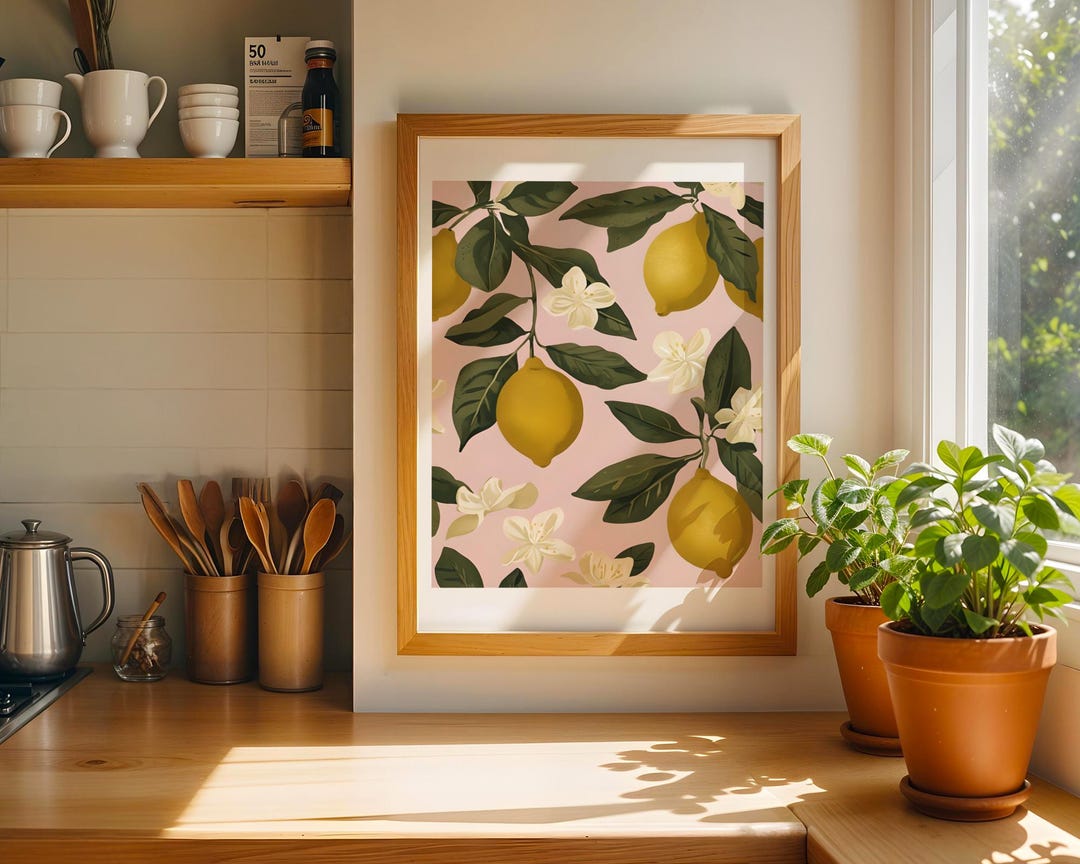Botanical Lemon Print | Modern Kitchen Wall Art | Citrus Fruit | Pink ...