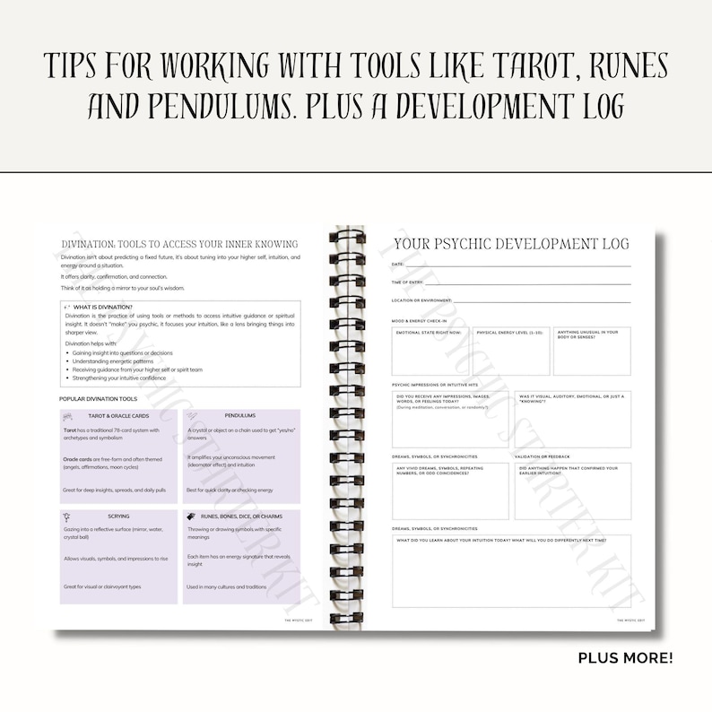 K&ouml;nnte beinhalten: Ein Spiralbuch mit dem Text "TIPS FOR WORKING WITH TOOLS LIKE TAROT, RUNES AND PENDULUMS. PLUS A DEVELOPMENT LOG." Das Buch enth&auml;lt Abschnitte &uuml;ber Divinationstools und ein psychisches Entwicklungsprotokoll.