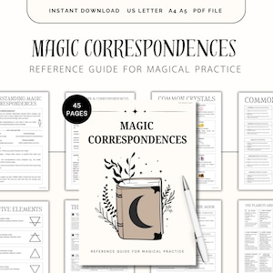 May include: A digital download titled "Magic Correspondences," a reference guide for magical practice. The cover features a book illustration with a crescent moon design, surrounded by botanical elements. The image includes the text "45 pages."