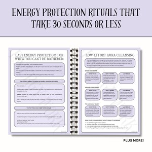 May include: A pink and white illustrated guide with the title "Energy Protection Rituals That Take 30 Seconds or Less". The guide includes tips for easy energy protection and low-effort aura cleansing.