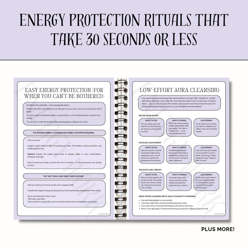 May include: A pink and white illustrated guide with the title "Energy Protection Rituals That Take 30 Seconds or Less". The guide includes tips for easy energy protection and low-effort aura cleansing.