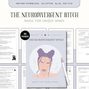 May include: A digital download named "The Neurodivergent Witch" with the slogan "Magic for Unique Minds." The cover shows a stylized illustration of a woman with purple hair against a moon. Includes 20 pages and a pen.