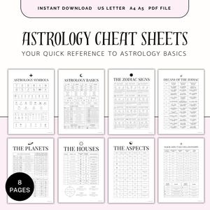 May include: Eight astrology cheat sheets in black and white, covering topics such as astrology symbols and the zodiac signs. The text "ASTROLOGY CHEAT SHEETS" and "YOUR QUICK REFERENCE TO ASTROLOGY BASICS" are displayed at the top. The sheets are available as an instant download.
