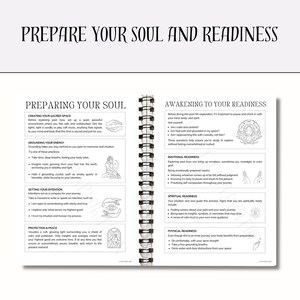 May include: A journal with a spiral binding, featuring the text "PREPARE YOUR SOUL AND READINESS". The pages outline steps for preparing your soul and awakening to readiness, with illustrations and bullet points.