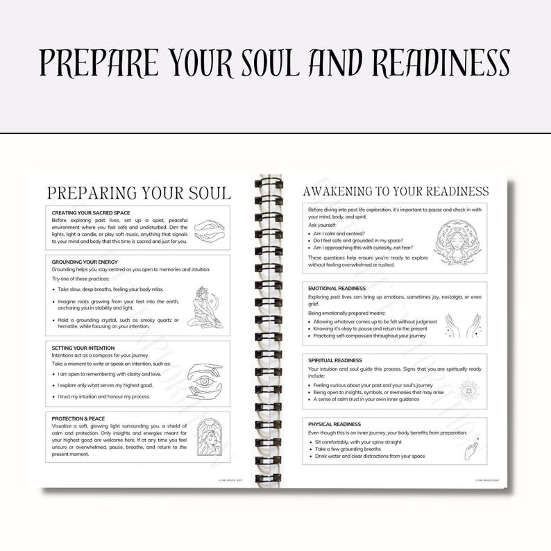 May include: A journal with a spiral binding, featuring the text "PREPARE YOUR SOUL AND READINESS". The pages outline steps for preparing your soul and awakening to readiness, with illustrations and bullet points.