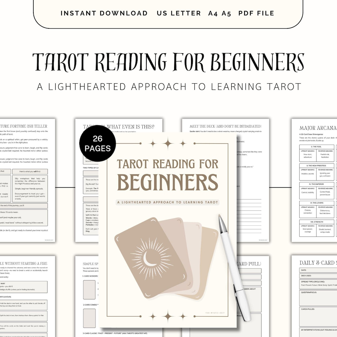 Tarot cheat sheet with card meanings and illustrations