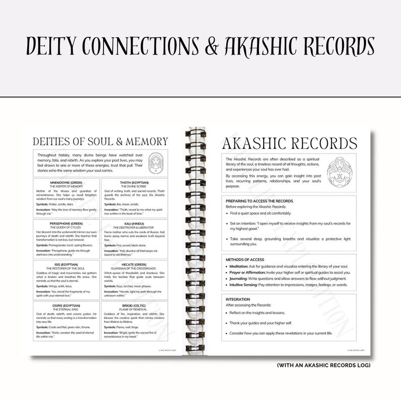 May include: A journal titled "DEITY CONNECTIONS & AKASHIC RECORDS" with a spiral binding. The open pages show text about deities, soul memory, and accessing Akashic Records. The journal includes sections on preparing to access records and methods of access.