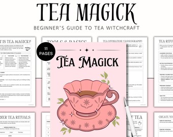 May include: A digital download, "Tea Magick: Beginner's Guide to Tea Witchcraft," in pink. The cover shows a pink teacup and saucer illustration. The download includes 11 pages and is available in A4, A5, and US Letter sizes.