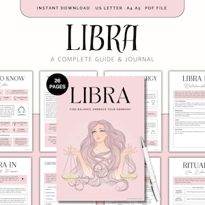 Può includere: Un diario rosa a tema Bilancia con il titolo "LIBRA" in grandi lettere nere. La copertina presenta un'illustrazione di una donna che tiene delle bilance. Il diario include 26 pagine e il testo "FIND BALANCE, EMBRACE YOUR HARMONY".