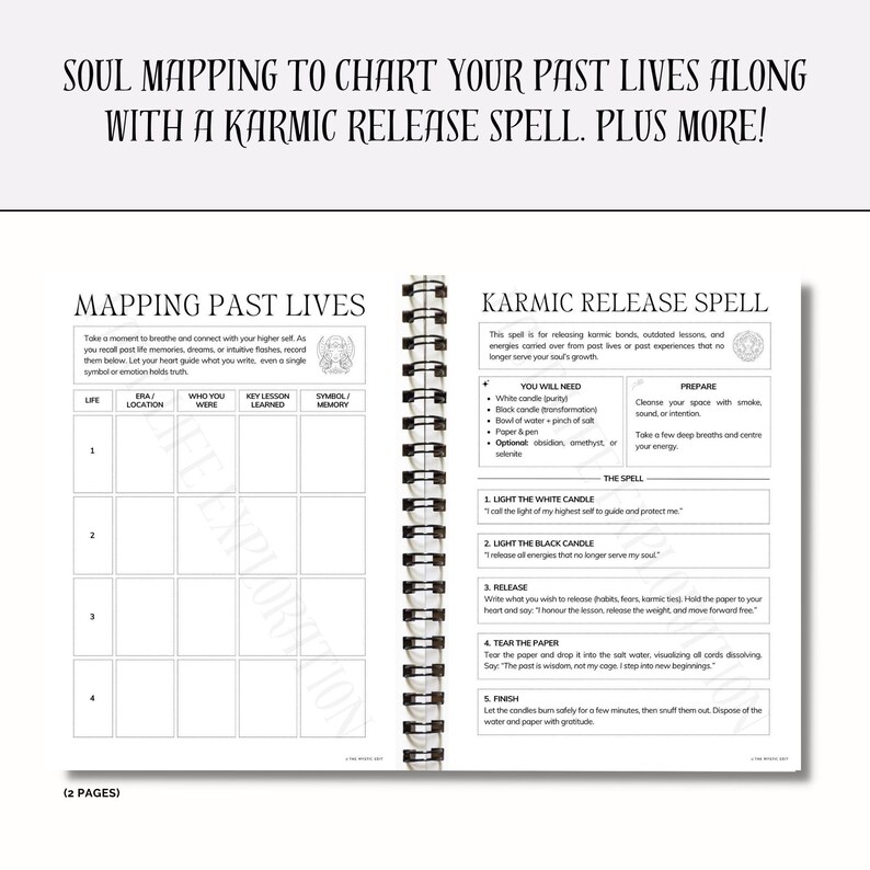 May include: A white spiral-bound journal with text: "SOUL MAPPING TO CHART YOUR PAST LIVES ALONG WITH A KARMIC RELEASE SPELL. PLUS MORE!" Contains sections for mapping past lives and a karmic release spell. Includes instructions and prompts.