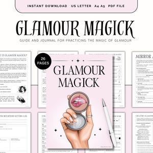 May include: A digital download titled "Glamour Magick" with a pink cover featuring a hand holding a compact mirror. The journal includes 26 pages and is available in US Letter, A4, and A5 PDF formats. The text reads "Glamour Magick" and "Guide and Journal for Practicing the Magic of Glamour."