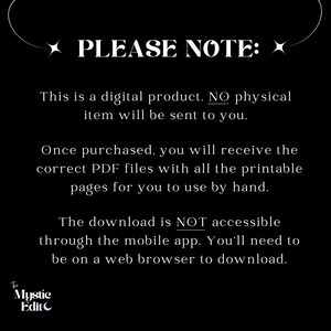 May include: A black background with white text stating "PLEASE NOTE:" and details about a digital product. It clarifies that no physical item is sent and the download is not accessible via a mobile app, requiring a web browser.