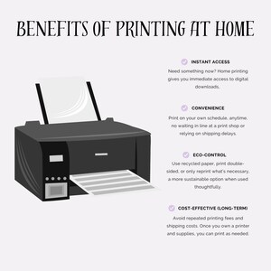 May include: A black printer with a white sheet of paper in the output tray. The image includes the text "BENEFITS OF PRINTING AT HOME" and lists benefits such as instant access and convenience.