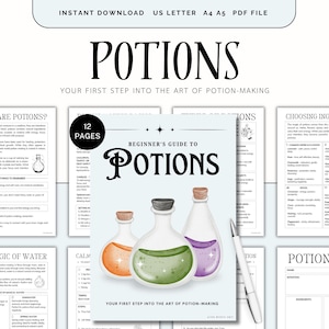 May include: A digital download titled "Potions" with the text "Beginner's Guide to Potions." The cover features three potion bottles with orange, green, and purple liquids. The image includes text about potion-making and ingredients.