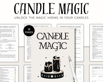 May include: A digital download titled "Candle Magic" with the text "Unlock the magic hiding in your candles." The cover features illustrations of candles and celestial symbols. Includes 18 pages and is available in US Letter, A4, and A5 PDF formats.