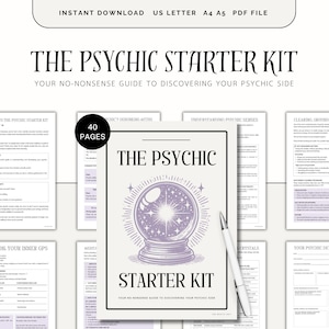 May include: A digital download titled "The Psychic Starter Kit" with the text "Your No-Nonsense Guide to Discovering Your Psychic Side." The cover features a purple crystal ball illustration. Includes 40 pages and is available in US Letter, A4, and A5 PDF formats.