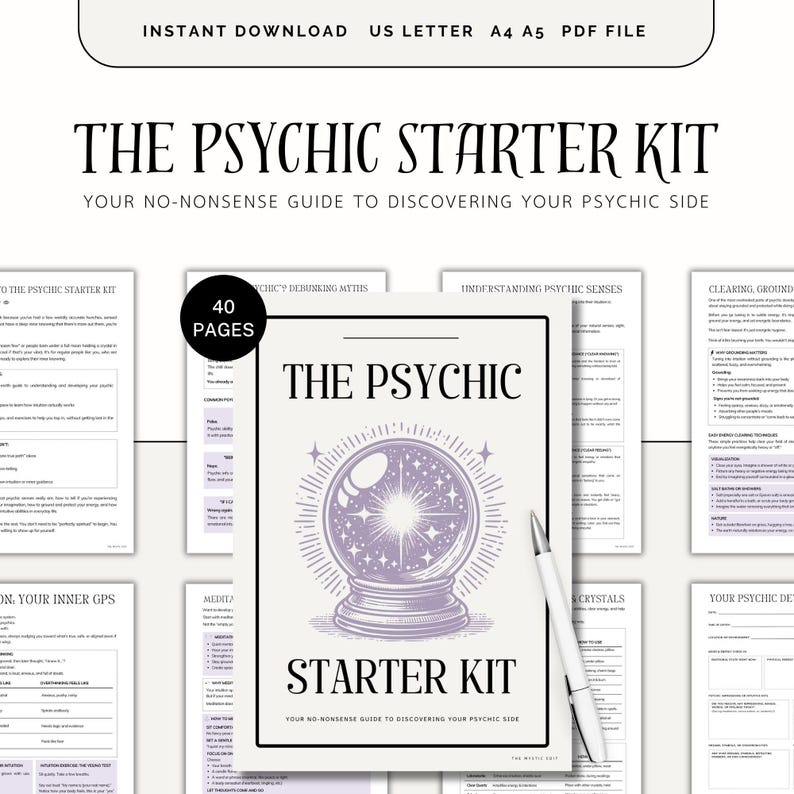 K&ouml;nnte beinhalten: Digitaler Download mit dem Titel "The Psychic Starter Kit" und dem Text "Ihr No-Nonsense-Leitfaden zur Entdeckung Ihrer psychischen Seite". Das Cover zeigt eine lila Kristallkugel-Illustration. Enth&auml;lt 40 Seiten und ist in den Formaten US Letter, A4 und A5 PDF verf&uuml;gbar.