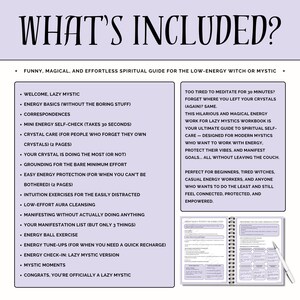 May include: A pink and white notebook with the title "What's Included?" and a list of items for a "Lazy Mystic" spiritual guide. The notebook is open to reveal a page with a list of "Energy Basics" and a page with a list of "Crystal Care" exercises.