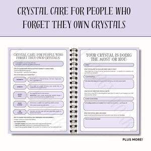 May include: A printable journal spread with a purple background and white text. The left page is titled "Crystal Care (For People Who Forget They Own Crystals)" and includes a list of ways to cleanse crystals. The right page is titled "Your Crystal Is Doing The Most (Or Not)" and includes prompts for journaling about your crystals.
