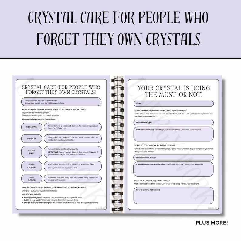 May include: A printable journal spread with a purple background and white text. The left page is titled "Crystal Care (For People Who Forget They Own Crystals)" and includes a list of ways to cleanse crystals. The right page is titled "Your Crystal Is Doing The Most (Or Not)" and includes prompts for journaling about your crystals.