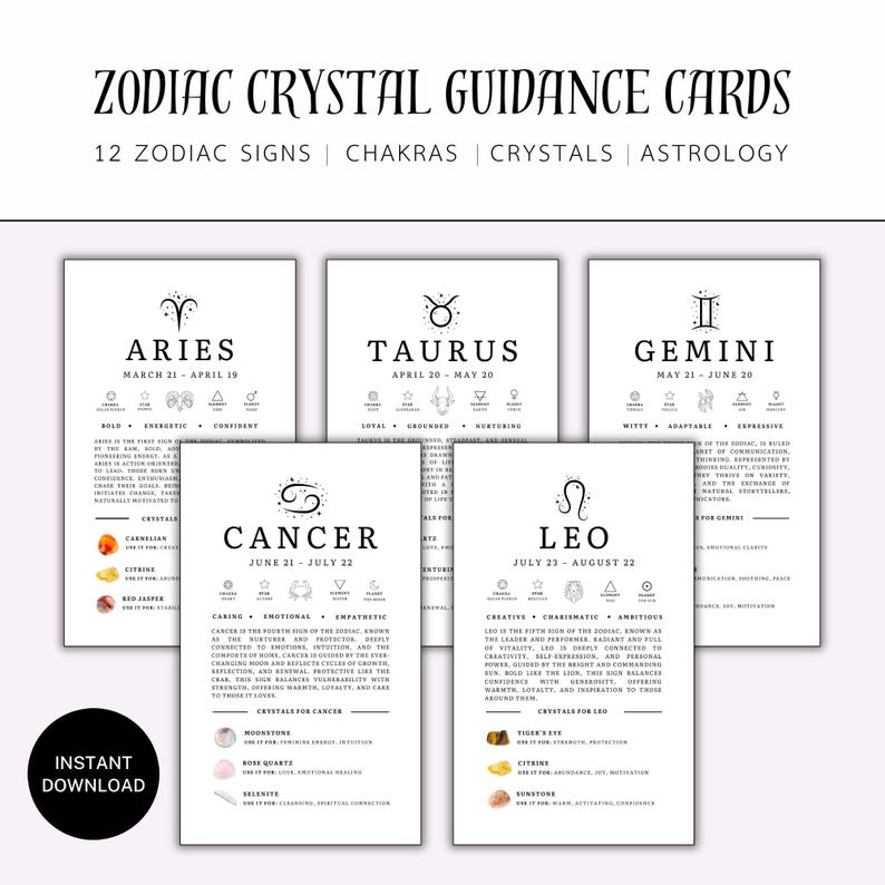 Zodiac Crystal Cards, Astrology Printable Deck, 12 Zodiac Signs ...