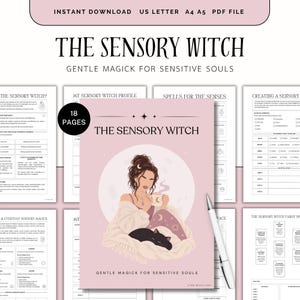 May include: A digital planner titled The Sensory Witch with 18 pages, featuring a pink cover illustration of a person holding a mug with a black cat, surrounded by various printable worksheet pages in US Letter, A4, and A5 PDF formats.