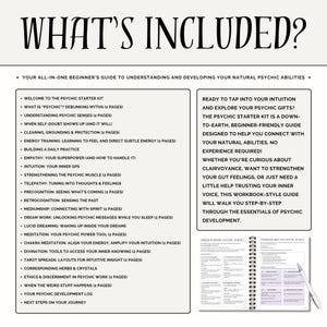 K&ouml;nnte beinhalten: Ein wei&szlig;es und schwarzes Handbuch mit dem Titel &bdquo;WHAT'S INCLUDED?&ldquo; listet Themen wie psychische Sinne, Intuition und Traumarbeit auf. Der Leitfaden soll helfen, nat&uuml;rliche psychische F&auml;higkeiten zu entwickeln. Ein Stift liegt auf dem spiralgebundenen Arbeitsbuch.