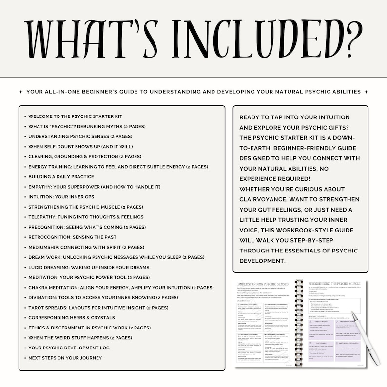 K&ouml;nnte beinhalten: Ein wei&szlig;es und schwarzes Handbuch mit dem Titel &bdquo;WHAT'S INCLUDED?&ldquo; listet Themen wie psychische Sinne, Intuition und Traumarbeit auf. Der Leitfaden soll helfen, nat&uuml;rliche psychische F&auml;higkeiten zu entwickeln. Ein Stift liegt auf dem spiralgebundenen Arbeitsbuch.