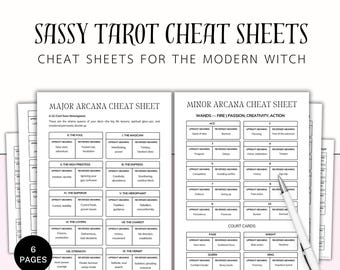 May include: A set of six printable tarot cheat sheets for the modern witch. The cheat sheets are divided into major arcana and minor arcana, with each card listed and its upright and reversed meanings. The cheat sheets are in black and white with a pink background.