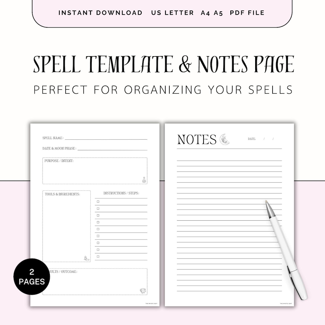 Spell Template & Notes Printable, Grimoire Page, Witchcraft Journal ...