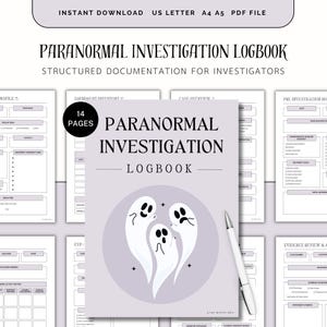 Może przedstawiać: Dziennik badań paranormalnych ze zorganizowaną dokumentacją dla badaczy. Okładka zawiera tytuł "Paranormal Investigation Logbook" i grafikę trzech białych duchów. Zawiera 14 stron.