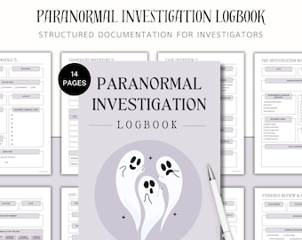 May include: A paranormal investigation logbook with structured documentation for investigators. The cover features the title "Paranormal Investigation Logbook" and a graphic of three white ghosts. Includes 14 pages and is available as an instant download.