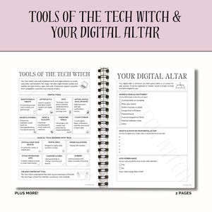 May include: A spiral-bound notebook titled "TOOLS OF THE TECH WITCH & YOUR DIGITAL ALTAR." The pages list digital tools like smartphones, laptops, and apps, alongside magical tools. It also explores digital altar practices.